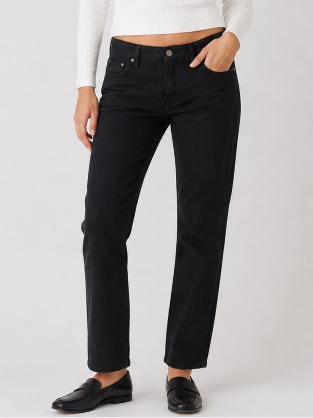 Quince Black Stretch Slim Straight Mid Rise Jeans